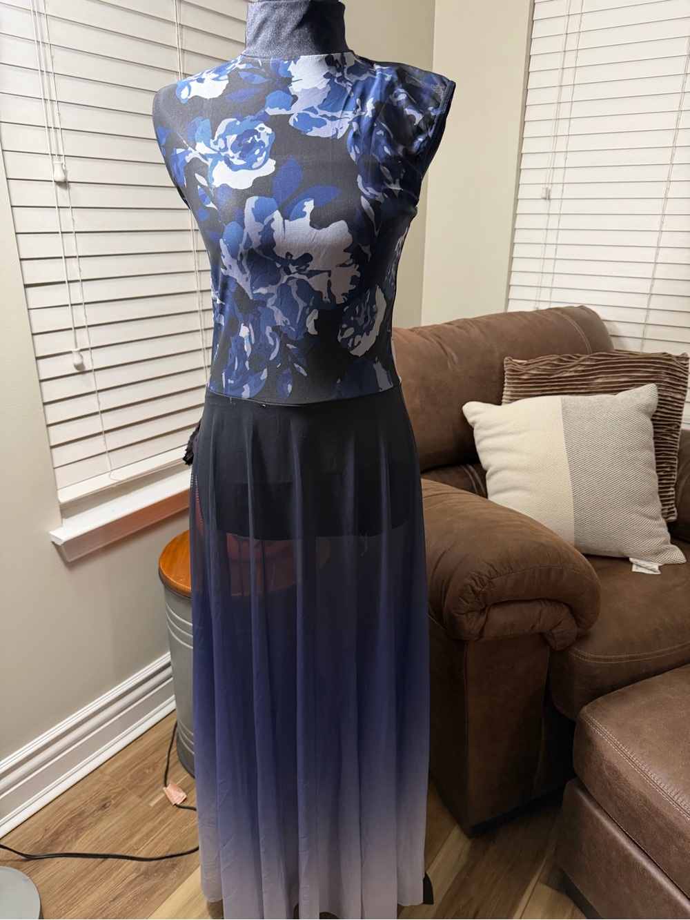 Weissman Navy & Black Floral High-Neck Sheer Ombre Maxi. Lyrical. Contemporary